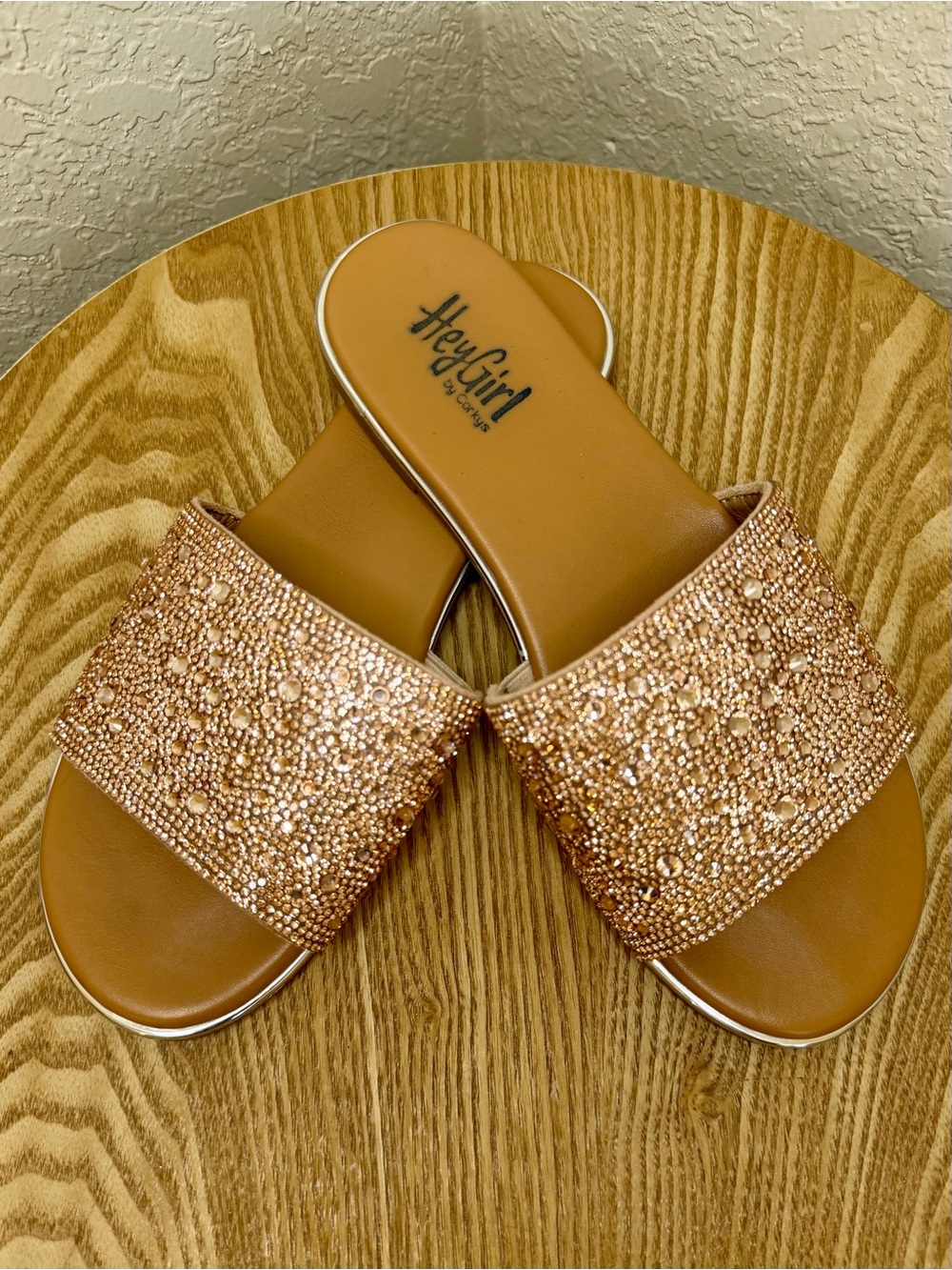 Hey Girl by Corkys Pizzazz Women's Size 6 Rose Gold Rhinestone Slide Sandals